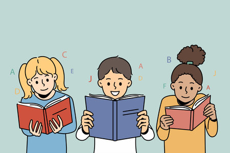 Smiling children reading booksのイラスト素材