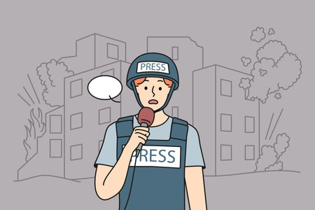 Scared male correspondent love broadcast from war zoneのイラスト素材