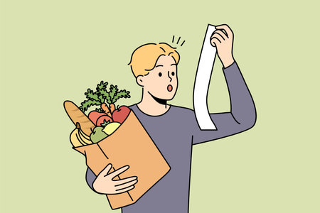 Stunned man shocked with prices on groceriesのイラスト素材