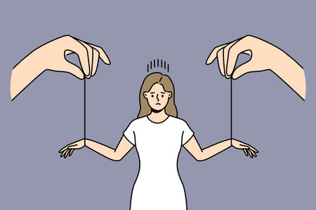 Huge hands manipulate stressed womanのイラスト素材