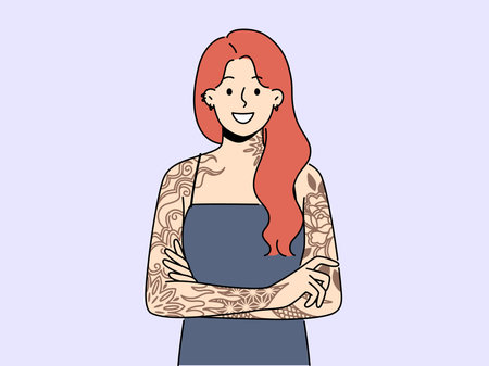 Smiling redhead woman with tattoos on armsのイラスト素材