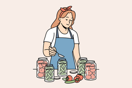 Woman in apron canning vegetables in bottlesのイラスト素材
