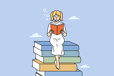 Smiling girl read book sitting on textbooks pileのイラスト素材
