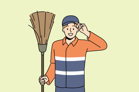Smiling janitor in uniform salutingのイラスト素材