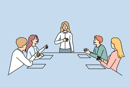 Smiling employee applaud businesswoman at office presentationのイラスト素材
