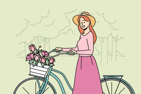 Smiling woman walking bike with flowers in parkのイラスト素材