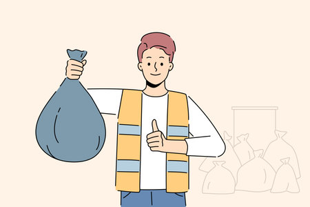 Man collector with plastic bag with wasteのイラスト素材