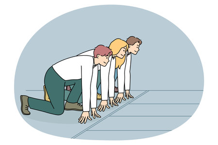 Diverse employees ready to sprint at workplaceのイラスト素材