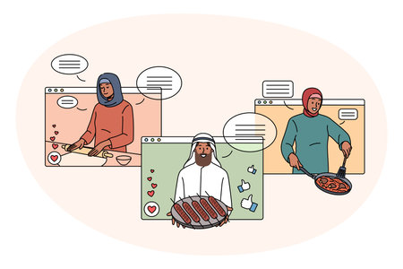 Diverse Arabic bloggers cooking food on web classのイラスト素材