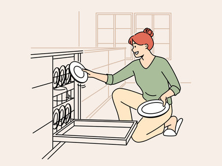 Smiling woman unloading dishwasherのイラスト素材