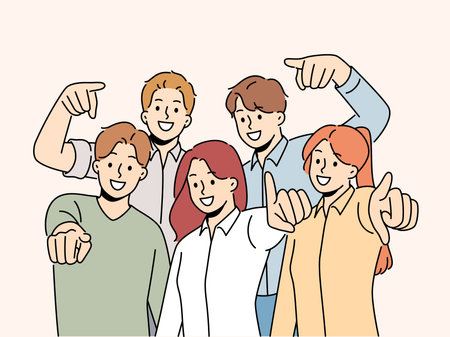 Group of smiling people point at screenのイラスト素材