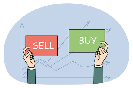 Businessman hold buy and sell signsのイラスト素材
