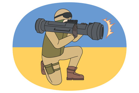 Soldier with missile weapon on Ukrainian flag isolatedのイラスト素材