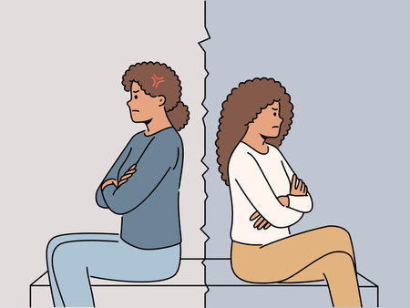 Resentment between african american mother and teenage girl sitting back to back after quarrelのイラスト素材