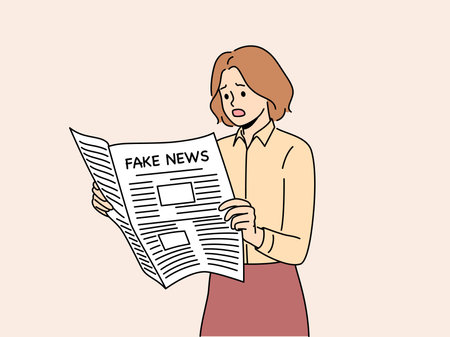 Newspaper with fake news in hands of woman reading false information from reporters using propagandaのイラスト素材