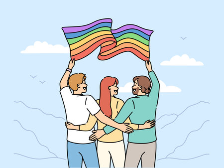 Group of people with LGBT flag travel with pride community and admire beautiful natureのイラスト素材