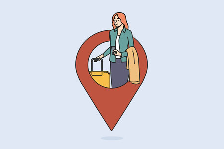 Traveling woman with suitcase near giant GPS pin for concept of navigation and logistics for tourismのイラスト素材