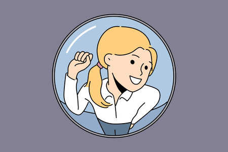 Saleswoman knocking on apartment view from behind peephole for business concept with cold salesのイラスト素材