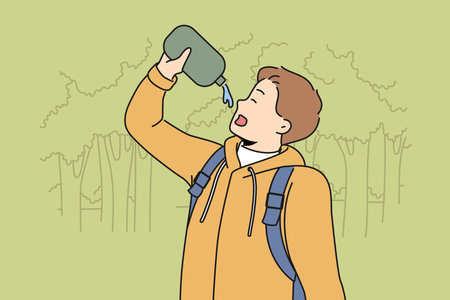 Man drinks water hiking in forest feeling thirsty after long walk through wilderness area with treesのイラスト素材