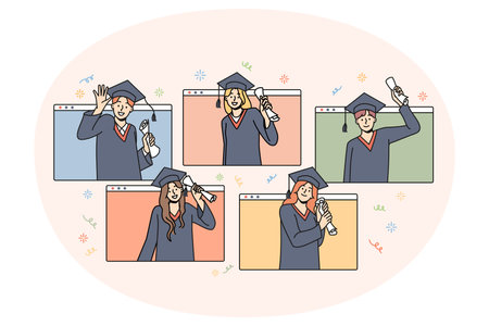 Happy students graduate onlineのイラスト素材