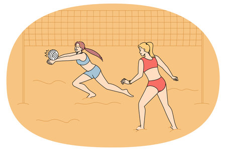 Women in bikini playing volleyball on beachのイラスト素材