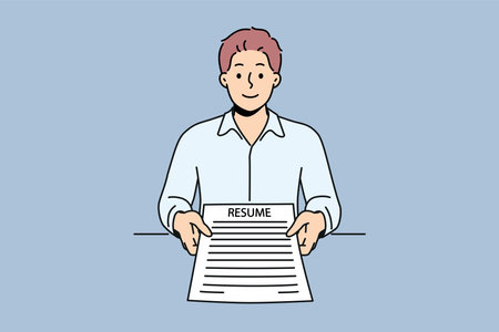 Man applicant with resume in hands came to interview in company to get desired job with high salaryのイラスト素材