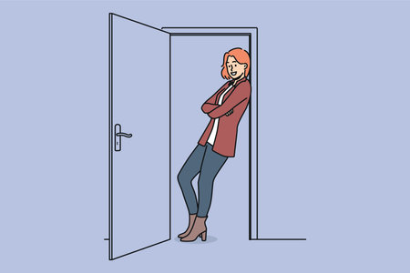 Cheerful woman stands in doorway with arms crossed and saying goodbye to guests.のイラスト素材