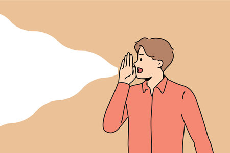 Man screams loudly putting hand to mouth instead of gramophone to communicate important informationのイラスト素材