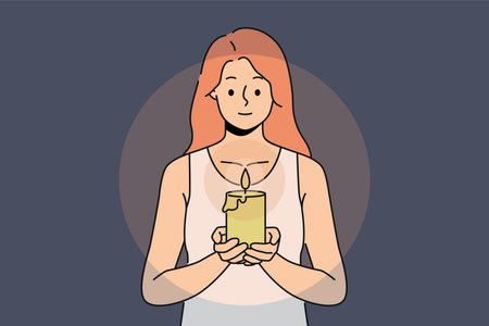 Woman with candle in hands looks at fire, performing religious ritual or seance.のイラスト素材