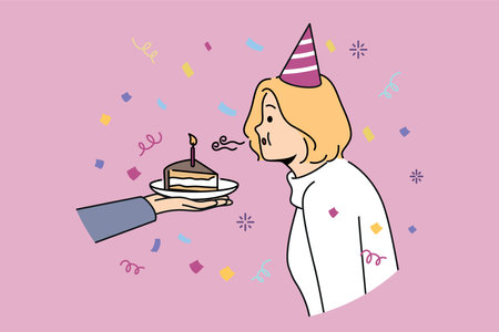 Birthday woman blows out candle on piece of cake celebrating anniversary and making cherished wishのイラスト素材