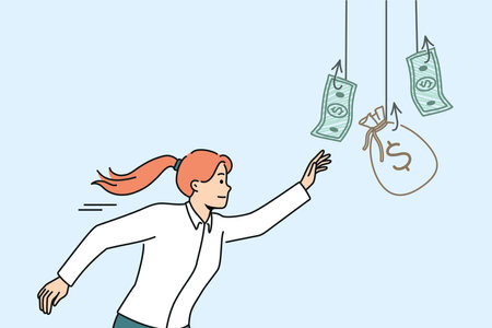 Woman is chasing money hanging on hook, wanting easy money and risking falling into trapのイラスト素材