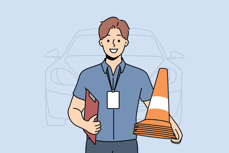 Man instructor from driving school smiles and holds traffic cones inviting to take exam for licenseのイラスト素材