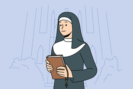 Woman nun with bible stands near church calling to visit christian shrines and study prayersのイラスト素材