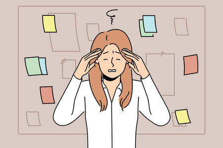 Tired business woman stands near blackboard with notes learning about overdue deadlineのイラスト素材