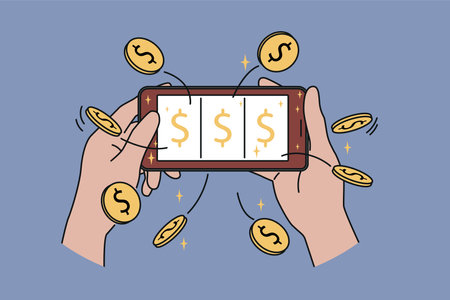 Phone with online casino in hands man, winning jackpot and cash prize on website with slot machineのイラスト素材