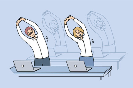 Office workers do exercises standing at workplaces and stretching arms up to increase productivityのイラスト素材