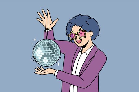 Funny man with disco ball with curly wig on head came to nightclub or dance floor to have funのイラスト素材