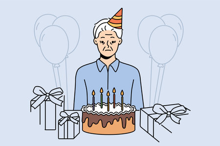 Sad old birthday person celebrating alone standing near table with gifts and cakeのイラスト素材
