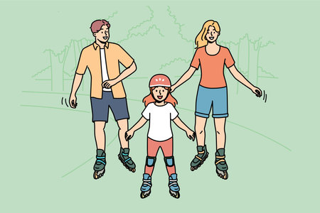 Happy family roller skating in park enjoying joint activity on nature in warm summer weatherのイラスト素材