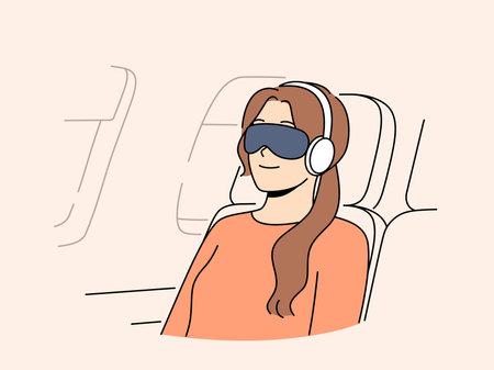 Young woman passenger flight with blindfold and earphones sleeps in airplane chairのイラスト素材