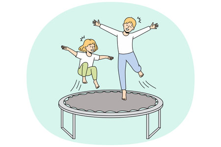 Happy kids jumping on trampolineのイラスト素材