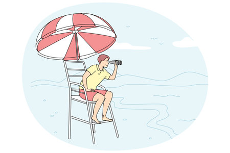 Male lifeguard on tower on beachのイラスト素材