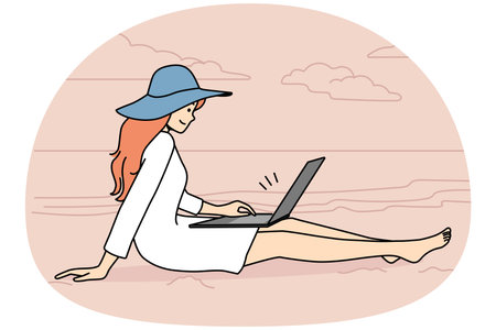 Smiling young woman relax on beach working on laptop.のイラスト素材