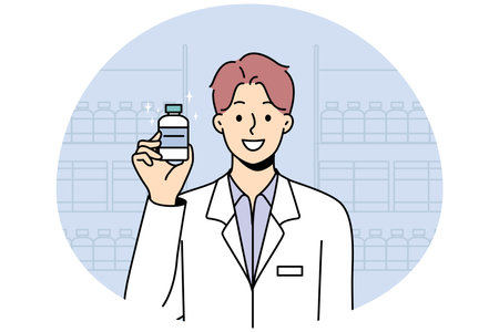 Smiling male pharmacist holding medicationのイラスト素材