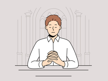 Man praying sitting on bench in temple seeking spiritual support in catholic and christian religionのイラスト素材