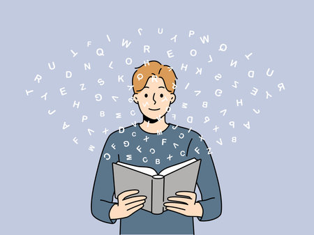 Polyglot man reads book with dictionary and learns new language standing among flying latin lettersのイラスト素材