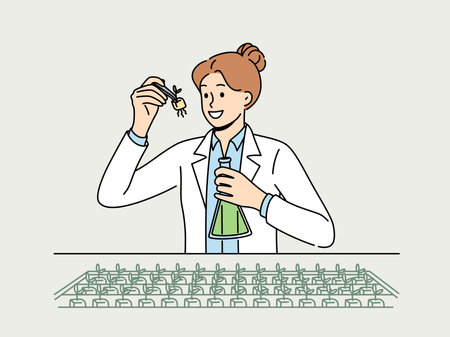 Woman agricultural scientist examines plants in laboratory, selecting new varieties of wheatのイラスト素材
