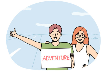 Smiling couple hitchhiking on roadのイラスト素材