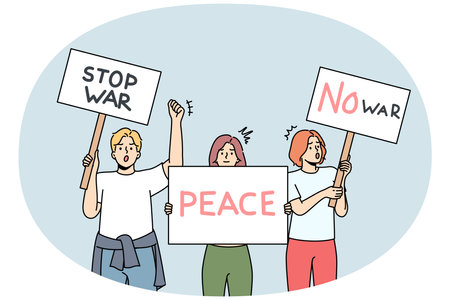 Diverse people with posters on anti-war demonstrationのイラスト素材