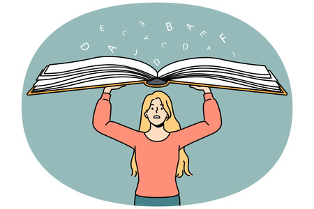 Anxious woman hold huge bookのイラスト素材